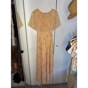 Vintage Peach Floral Maxi Dress with Sheer Cape Overlay and Waist Tie